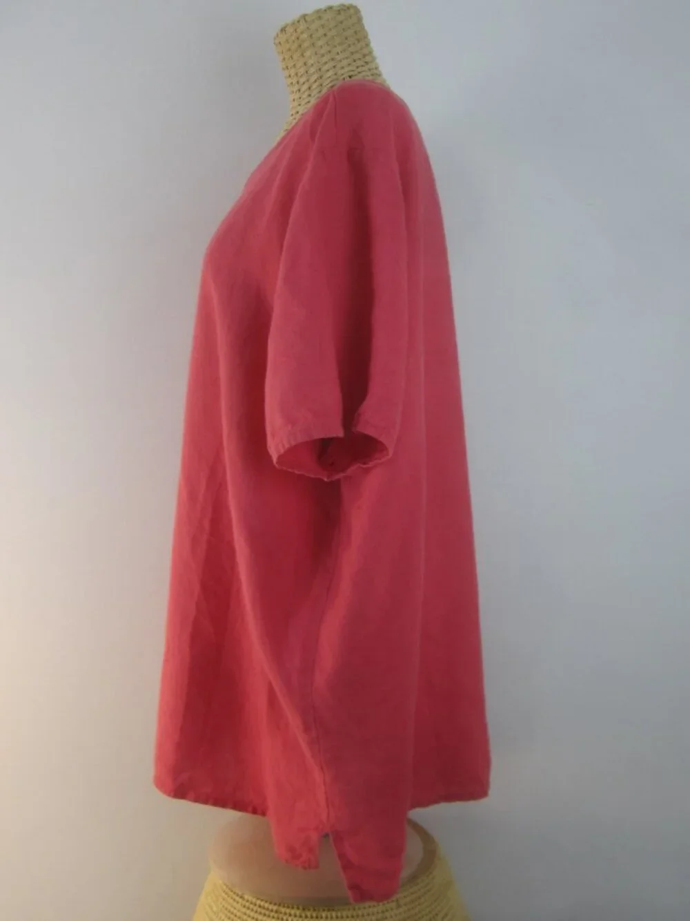 Vtg FLAX Women L Red 100% Woven Linen Short Sleeve Relaxed Shirt Top Tunic  52